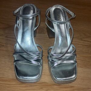 Y2K Platform Heels Silver Strappy Block Heel Sandals‎ Party Shoes